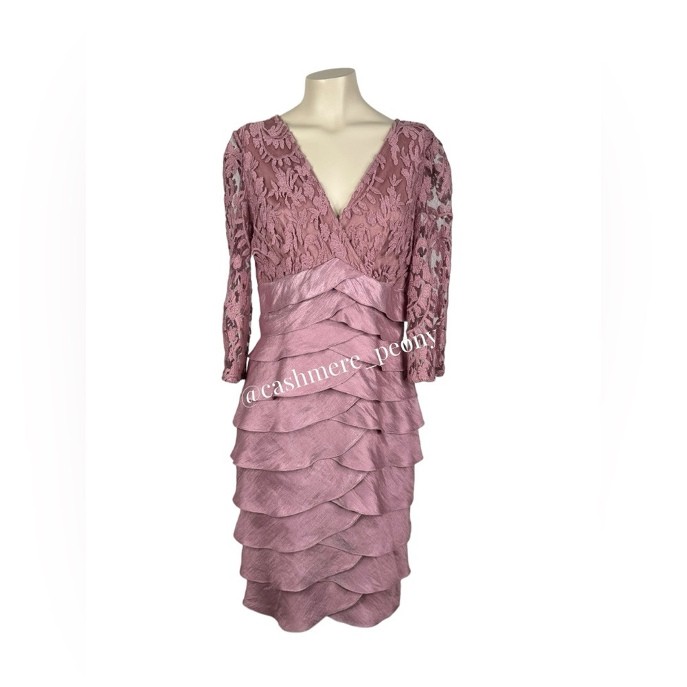 Adrianna Papell Ash Rose V-Neck Lace Bodice Tiered Sheath Mini Dress Size 6 - Picture 3 of 15